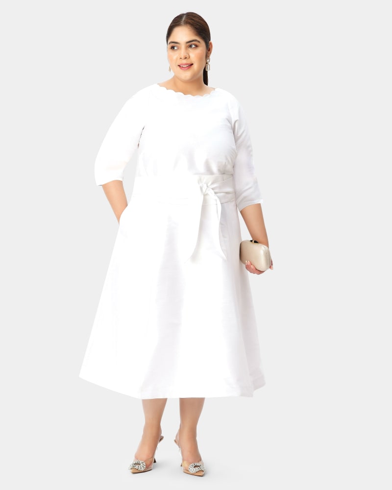 Front of a model wearing a size S-4 Obi belt dupioni scallop trim boatneck dress in White by eShakti. | dia_product_style_image_id:290381